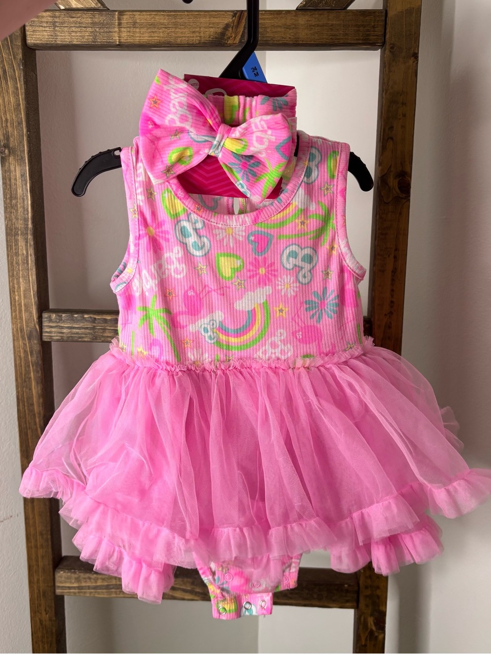 Barbie Pink Tulle Tutu Dress with Rainbow & Hearts Print Size 24M